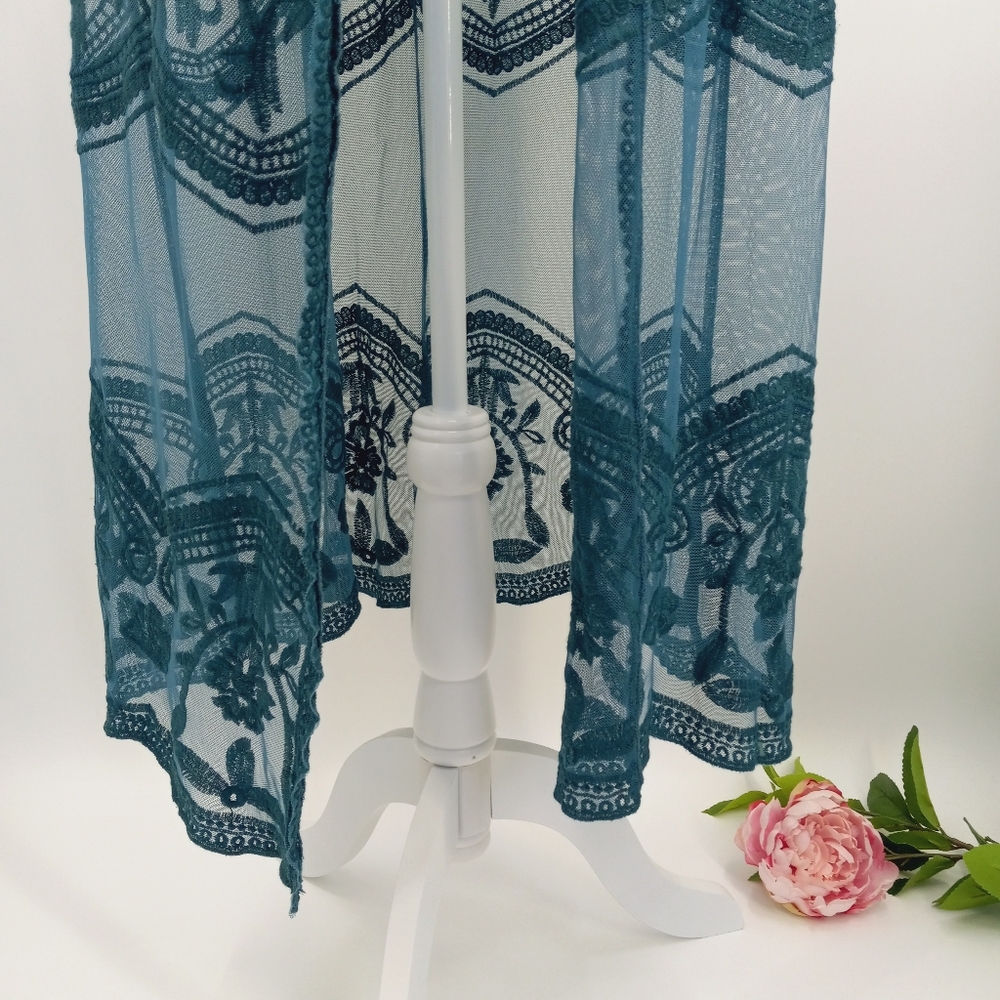 *SOLD* CRACKER BARREL Boho Chic Teal Floral Lace Mesh Kimono Duster Beach Cover - Picture 2 of 12